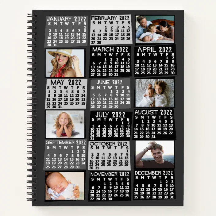 2022 Monthly Calendar Black Mod 12 Photo Collage Notebook | Zazzle.com