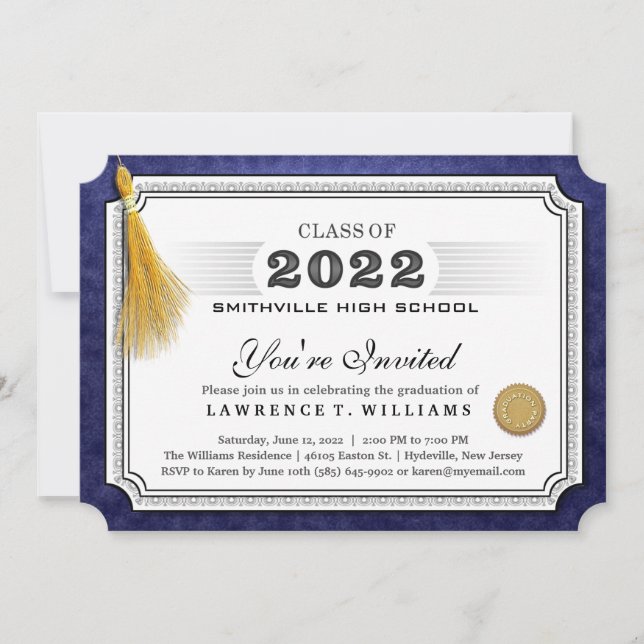  2022 Navy Blue Diploma Gold Tassel Graduation Inv Invitation (Front)
