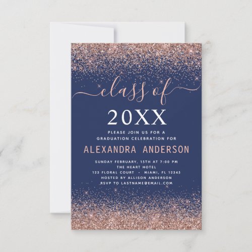 2022 Navy Blue Photo Graduation Rose Gold Glitter Invitation