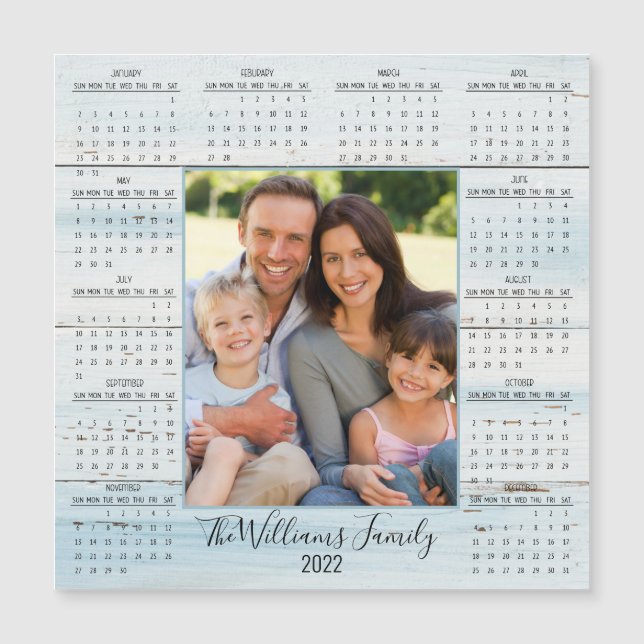 2022 Photo Calendar Blue Rustic Wood Magnet (Front)