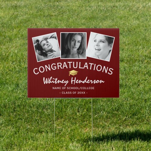 2022 Photo Congratulations Graduate Sign - Personalized graduate yard sign featuring a burgundy background that can be changed to any color, 3 photos of the student, a gold graduation cap, and a congratulations template that is easy to personalize.