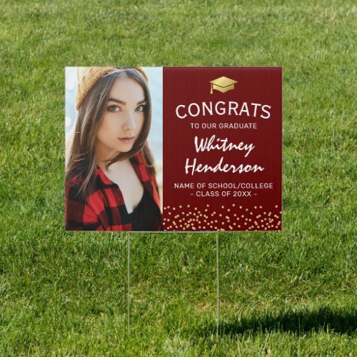 2022 Photo Congratulations Graduation Sign - Custom graduate yard sign featuring a burgundy background that can be changed to any color, a photo of the student, a graduation cap, gold glitter, and a congratulations template that is easy to personalize.