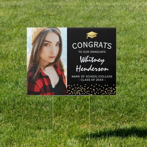 2022 Photo Graduation Congratulations Sign - Elegant graduate yard sign featuring a stylish black background that can be changed to any color, a photo of the student, a graduation cap, gold glitter, and a congratulations template that is easy to personalize.