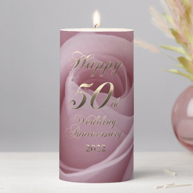 2022 Pink Rose Golden Wedding 50th Anniversary Pillar Candle (In Situ)