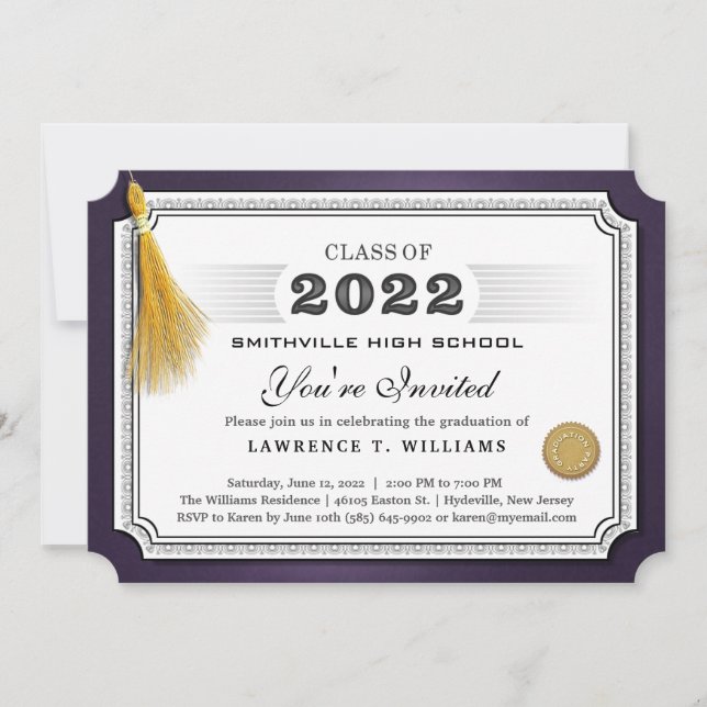 2022 Purple Gold Tassel Diploma Grad Party Invite (Front)