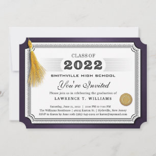 2022 Purple Gold Tassel Diploma Grad Party Invite