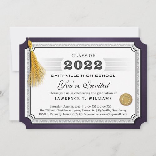 2022 Purple Gold Tassel Diploma Grad Party Invite