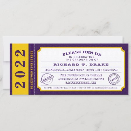 2022 Purple & Gold Ticket Graduation Party Invite