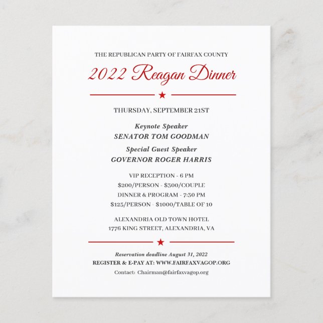 2022 Reagan Dinner Political Fundraising Invite (Front)
