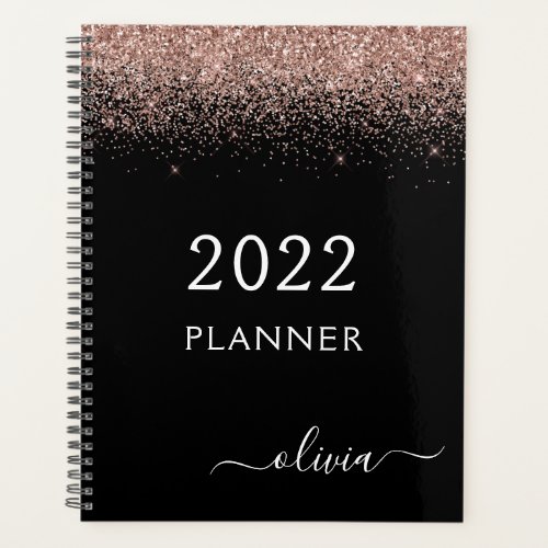 2022 Rose Gold Blush Pink Black Glitter Monogram Planner