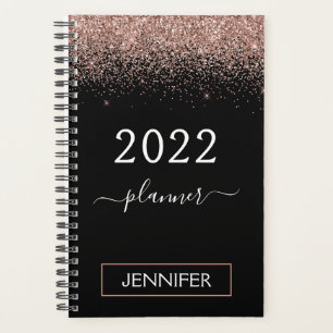 2022 Rose Gold Blush Pink Black Glitter Monogram Planner