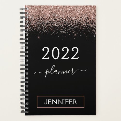 2022 Rose Gold Blush Pink Black Glitter Monogram Planner
