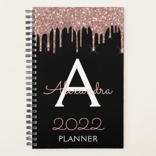 2022 Rose Gold - Blush Pink Black Glitter Monogram Planner