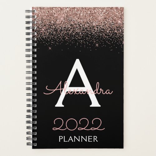 2022 Rose Gold _ Blush Pink Black Glitter Monogram Planner