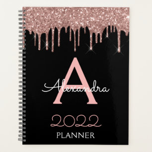 2022 Rose Gold - Blush Pink Black Glitter Monogram Planner