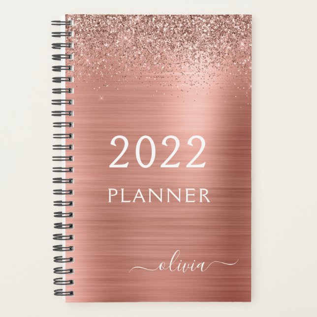 2022 Rose Gold Blush Pink Glitter Monogram Planner (Front)