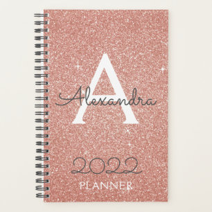 2022 Rose Gold Blush Pink Glitter Monogram Planner