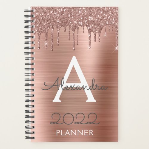 2022 Rose Gold Blush Pink Glitter Sparkle Monogram Planner