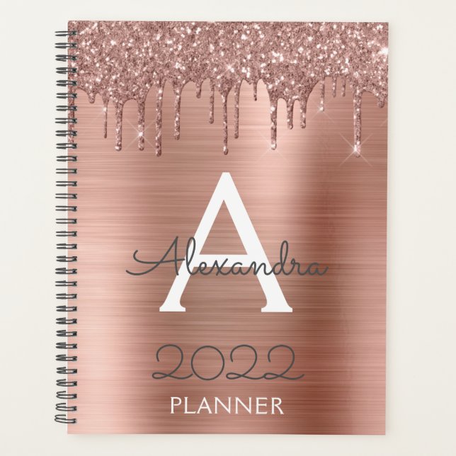 2022 Rose Gold Blush Pink Glitter Sparkle Monogram Planner (Front)