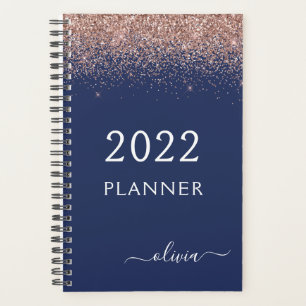 2022 Rose Gold Pink Navy Blue Glitter Monogram Planner