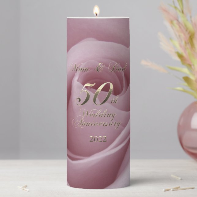 2022 Rose Golden Wedding 50th Anniversary Parents Pillar Candle (In Situ)