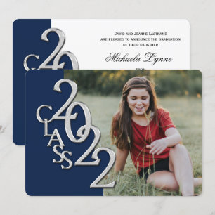 2022 Silver and Blue Graduation with Photo Invitation