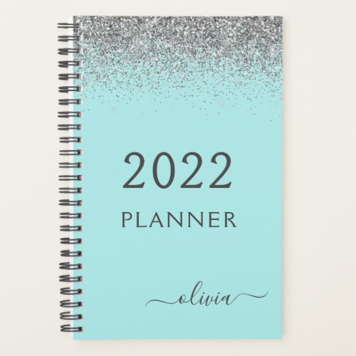 2022 Silver Aqua Blue Teal Glitter Monogram Planner