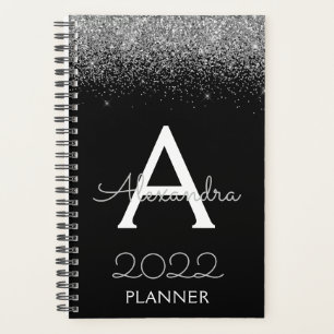 2022 Silver Black Glitter Monogram Modern Luxury Planner