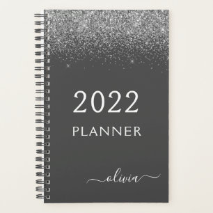 2022 Silver Grey Girly Glitter Monogram Name Planner