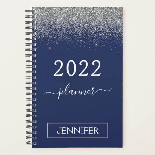 2022 Silver Navy Blue Glitter Monogram Girly Planner