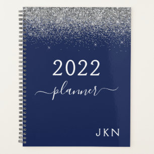 2022 Silver Navy Blue Glitter Monogram Glam Planner