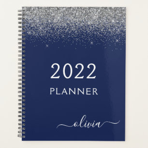 2022 Silver Navy Blue Glitter Sparkle Monogram Planner