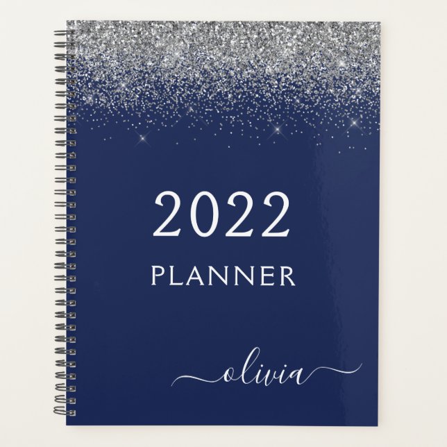 2022 Silver Navy Blue Glitter Sparkle Monogram Planner (Front)
