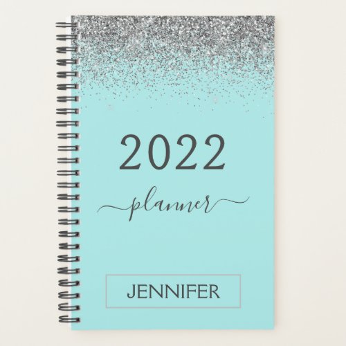 2022 Silver Teal Aqua Blue Glitter Monogram Girly Planner