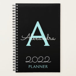 2022 Teal Aqua Blue Black Monogram Elegant Planner