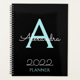 2022 Teal Aqua Blue Black Monogram Elegant Planner