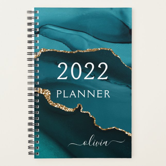 2022 Teal Aqua Blue Gold Agate Geode Script Planner (Front)