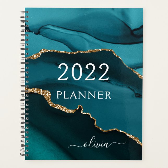 2022 Teal Aqua Blue Gold Agate Geode Script Planner (Front)