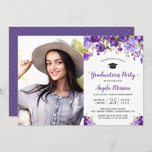 2022 Violet Purple Floral Photo Graduation Party Invitation - Create your perfect invitation with this pre-designed templates, you can easily personalize it to be uniquely yours. For further customization, please click the "customize further" link and use our easy-to-use design tool to modify this template. If you prefer Thicker papers / Matte Finish, you may consider to choose the Matte Paper Type.