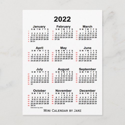 2022 White 52 Week Calendar by Janz Postcard