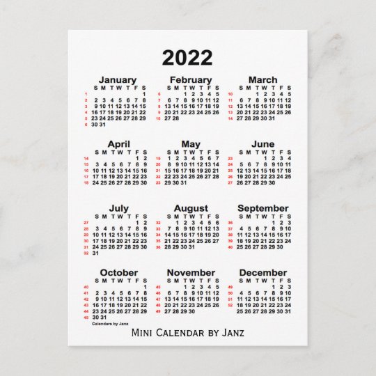 2022-white-52-week-calendar-by-janz-postcard-zazzle