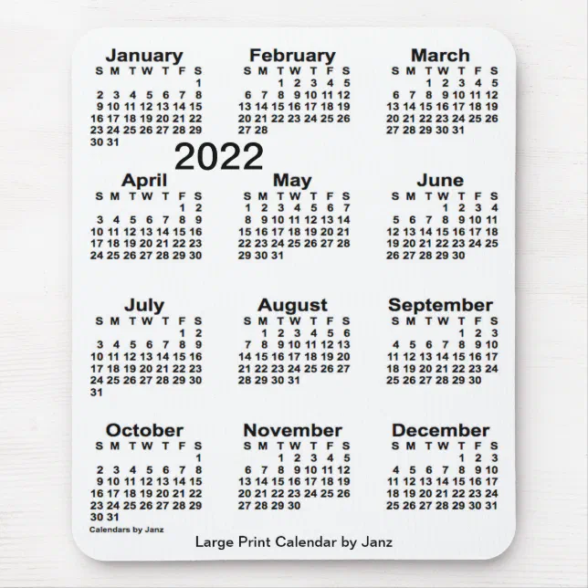 2022 White Large Print Calendar By Janz Mouse Pad Zazzle 0927