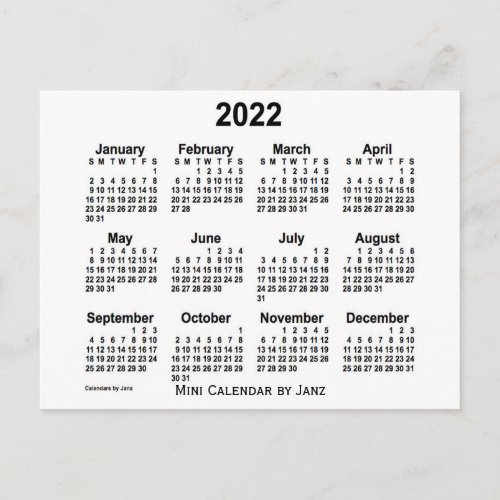 2022 White Mini Calendar by Janz Postcard