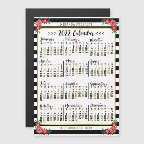 2022 Year Calendar Black Stripe Floral Custom Name Magnetic Invitation