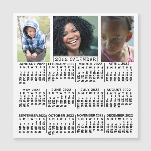 2022 Year Calendar White  3 Photo Collage Magnet