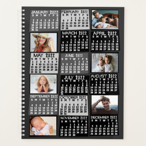 2022 Year Monthly Calendar 12 Photo Collage Black Planner