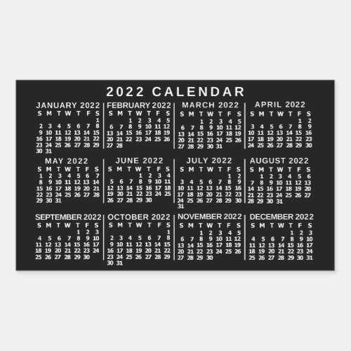 2022 Year Monthly Calendar Classic Black and White Rectangular Sticker