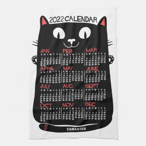 2022 Year Monthly Calendar Mid_Century Black Cat Kitchen Towel