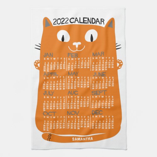 2022 Year Monthly Calendar Mid_Century Orange Cat Kitchen Towel