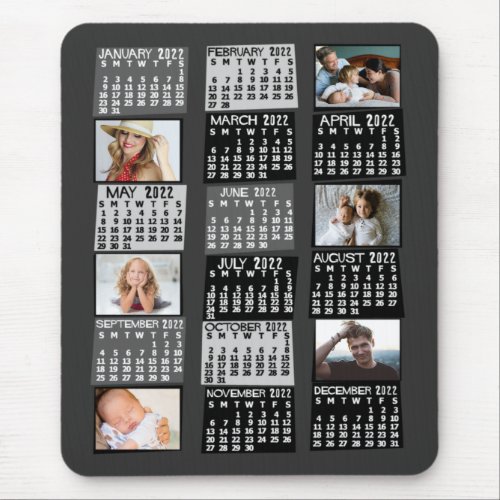 2022 Year Monthly Calendar Mod Black Photo Collage Mouse Pad